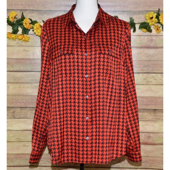 Jones New York Red Black Retro Houndstooth Button Up Blouse Top Size 12 Career - Picture 1 of 10